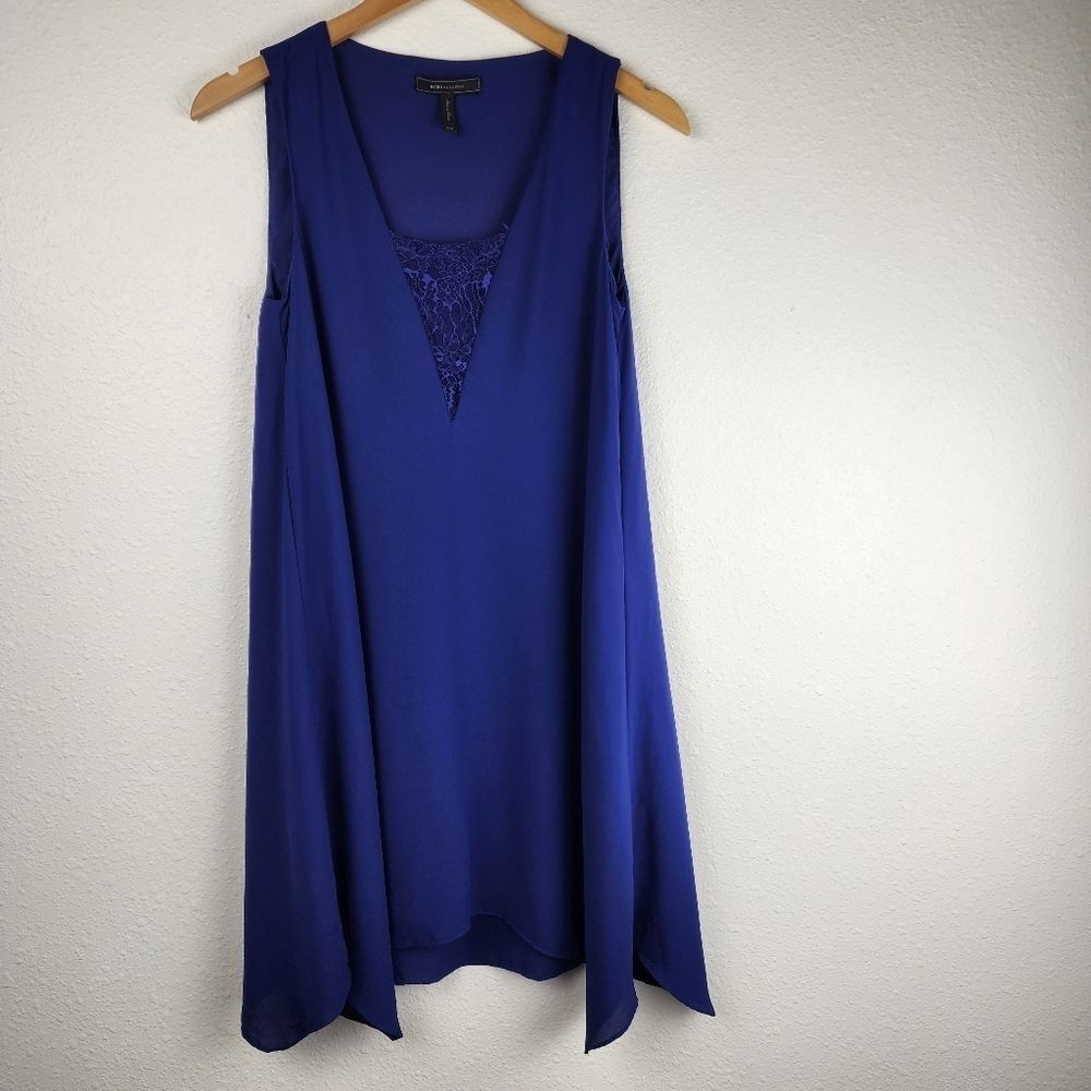 BCBGMaxazria Alie A Line V-Neck with Lace Shark Bite Hem Dark Blue Dress XXS